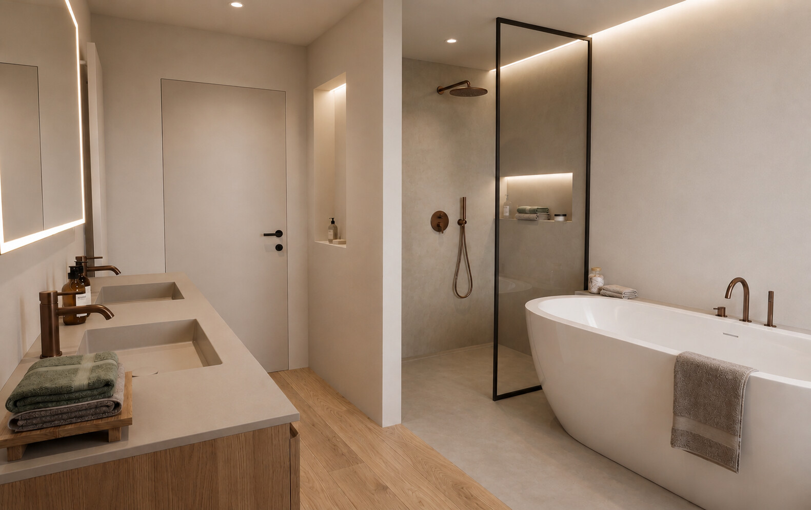 Bathroom with freestanding bathtub, bronze fittings and walk-in shower