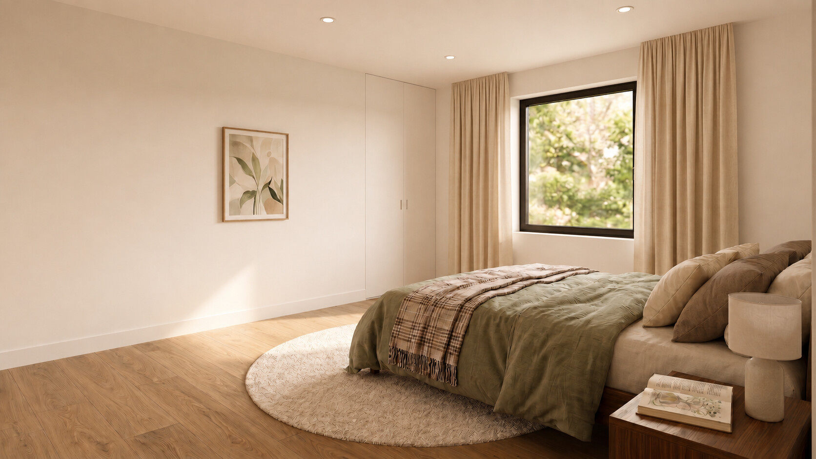 Bedroom with round wool rug and views into the trees