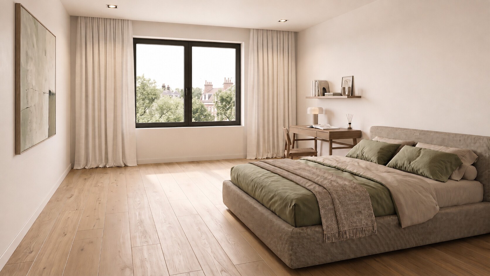 Bedroom with desk by the window and soft morning light