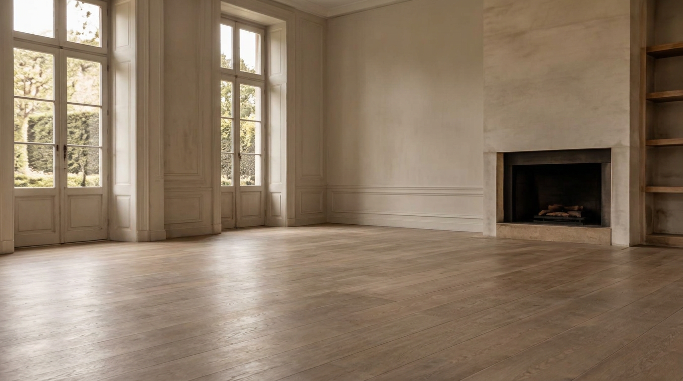 Empty period living room with tall windows